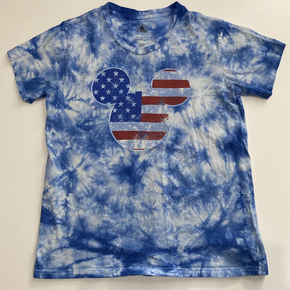 Disney T-Shirt Mickey Head US Flag on Blue & White Tie-Dyed - size Medium